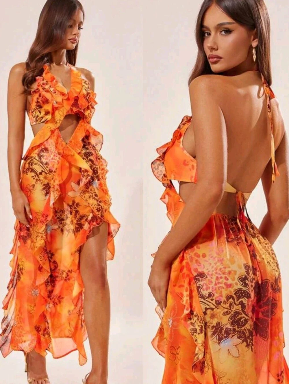 Women's Elegant Orange Floral Ruffle Hem Chiffon Dress,Summer Boho Backl